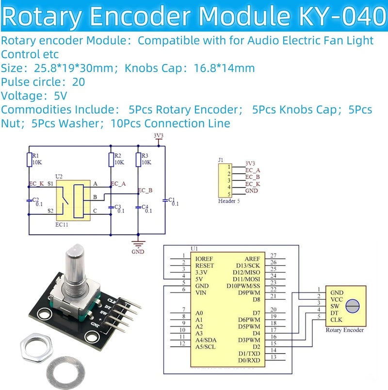 MTDELE 5Pcs 360 Degree Rotary Encoder Module Compatible with for Arduino Audio Electric Fan Light Control etc with Black Knobs Cap KY-040 - Image 4